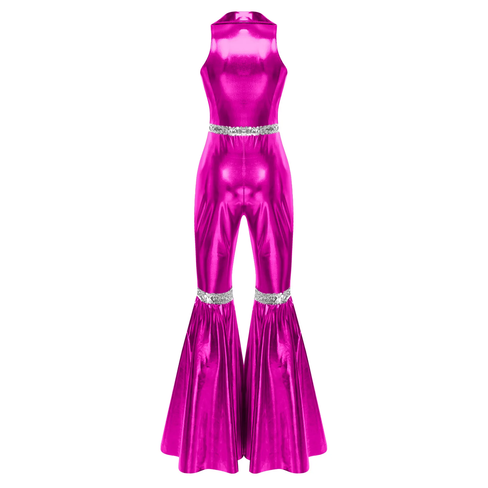 Women 70s Disco Bodysuit Halloween Carnival Party Jazz Dance Vintage Hippie Costume Sleeveless Shiny Sequin Bell Bottom Jumpsuit view 4