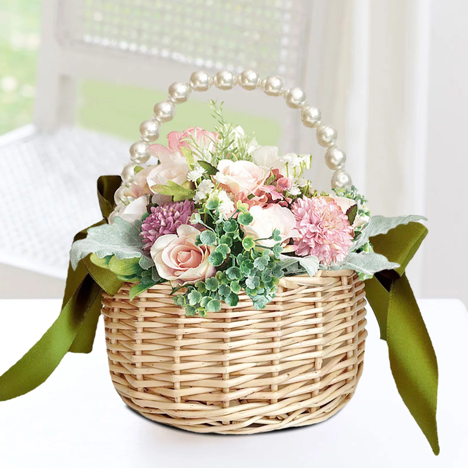 Handmade Pearl Handheld Flower Basket Willow Weaving Hand Gift Baskets Flower Arrangement For Home Wedding