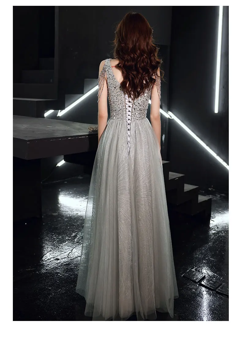 Vestidos de noche grises plateados, vestidos largos de fiesta con lentejuelas y cuentas brillantes, vestido de fiesta sin mangas con cuello en V y cordones en la espalda