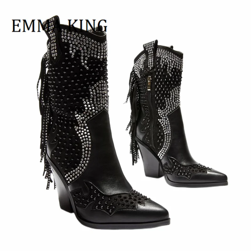 Fall Winter Women Studded Fringe Boots Sexy Pointed Toe Block Heels Cowboy Boots Rhinestone Chelsea Boots Zipper Botas De Mujer