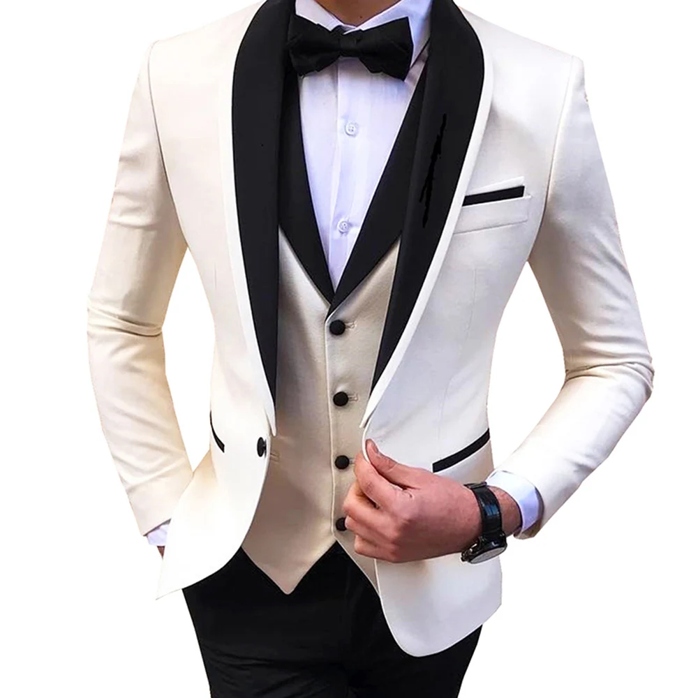 

New Arrival Business Casual Men Wedding Suit Slim Fit Set Black Shawl Lapel 3 Pieces （Blazer + Vest + Pants）Costume Homme