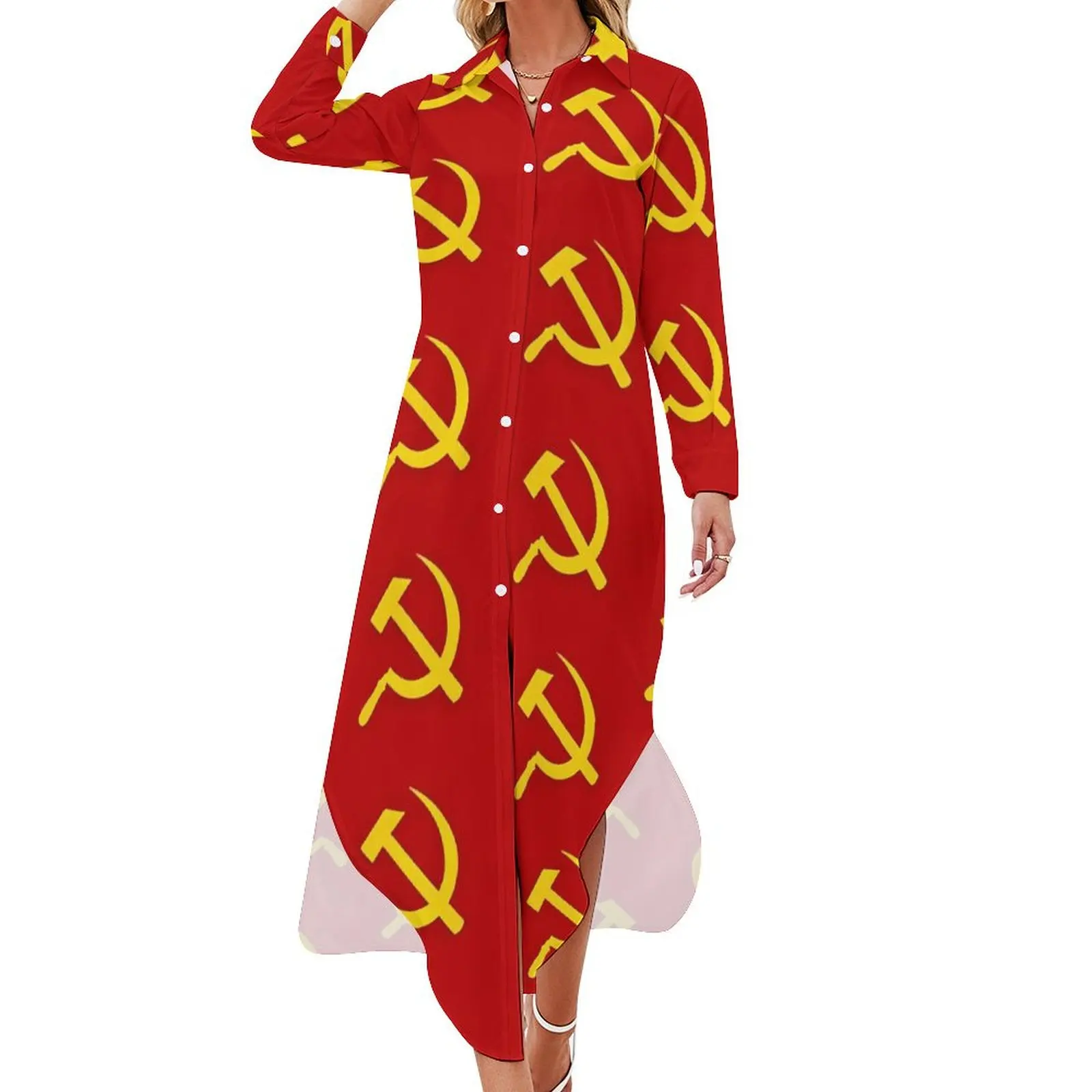 CCCT Yellow Red USSR Casual Dress Hammer and Sickle Russian Soviet Flag Streetwear Dresses Beach V Neck Design Chiffon Dress