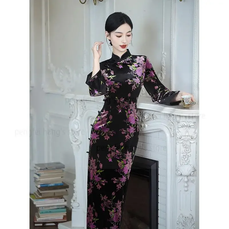 

Women Warm Velour Flower Qipao Big Sleeve Cheongsam Elegant Chinese Style Dress Improved China Dresses Long Vestidos Big Size