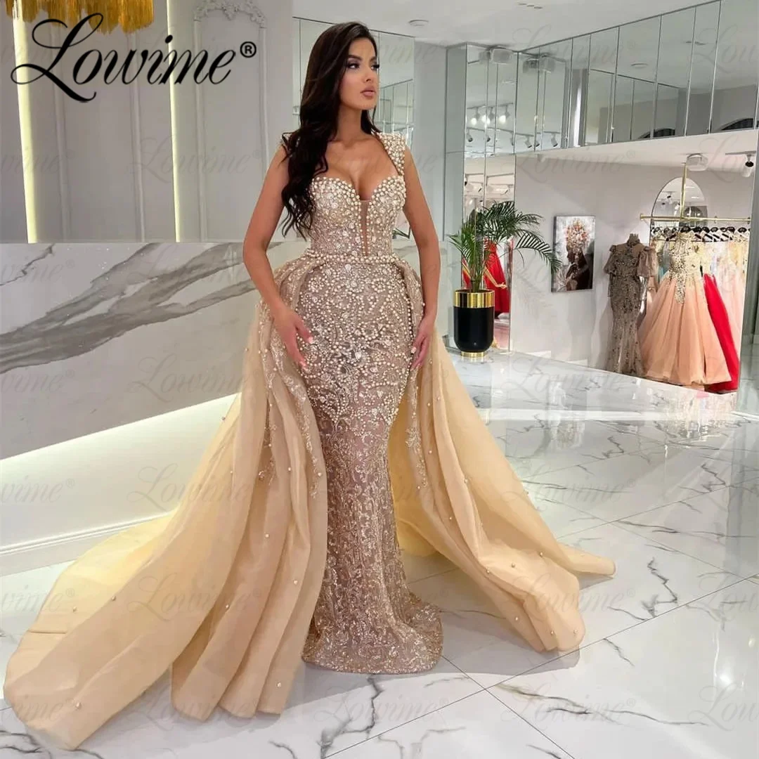 Robe De Soiree Luxury Beaded Evening Dress Customized Arabic Occasion Prom Dresses With Detachable Train Middle East Party Gowns