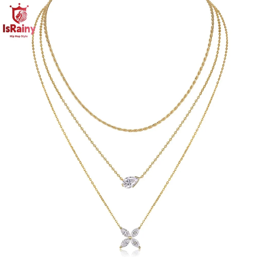 

IsRainy 18K Gold Plated 925 Silver Pear Cut Moissanite Diamond Necklace GRA Certified Multi Layer Neck Chains Fine Jewelry Gift