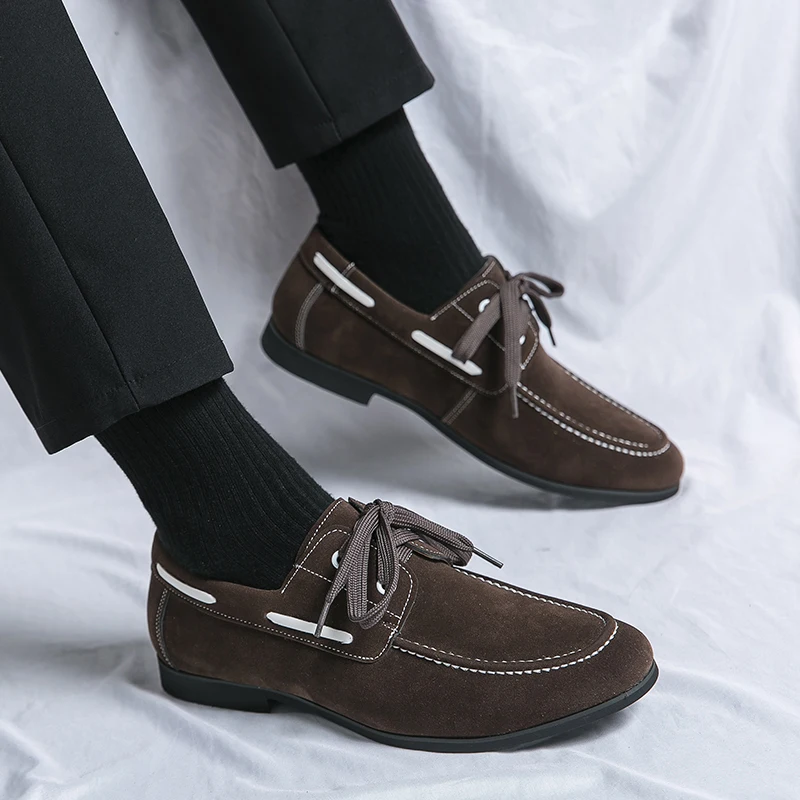 Hot Selling Korea Version Suede Sailboat Shoes Men's Fashion Shoes Black Leather Loafers Lace-up Moccasins Casual Business Shoes