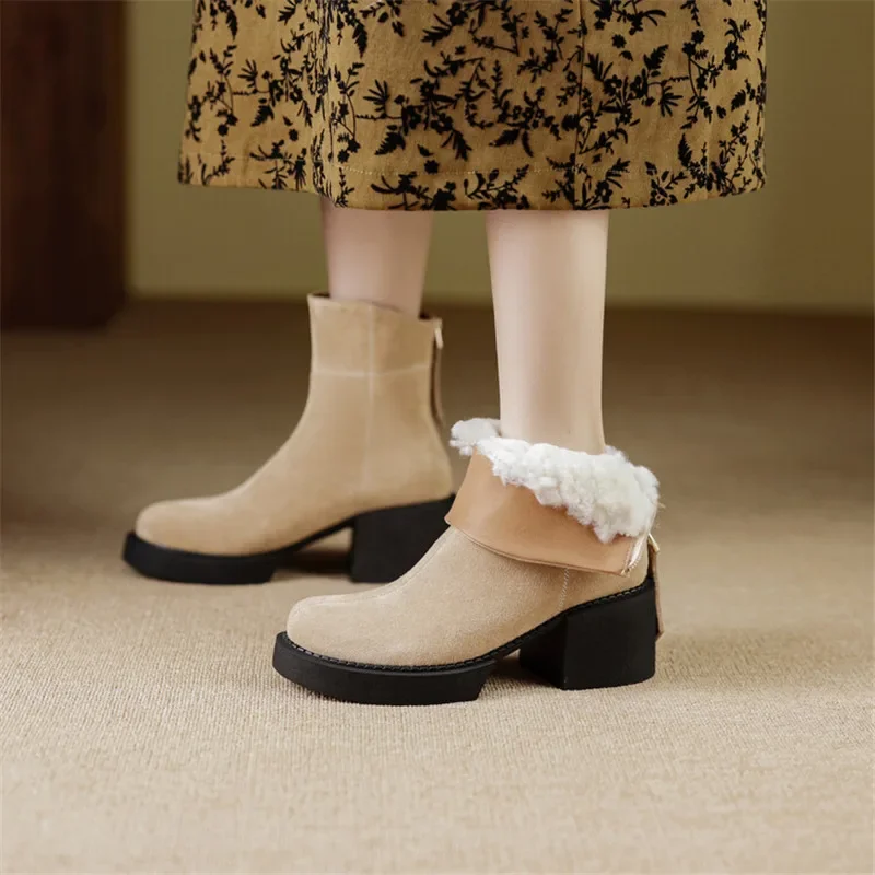 New Winter Ankle Boots Round Toe Boots Cow Suede Women Shoes Chunky Heels Shoes for Women Thermal Wool Boots Platform Shoes