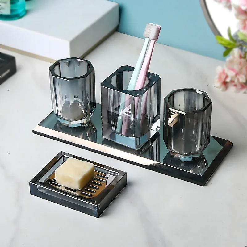 European Grey Crystal Glass Lotion Bottle Mouthwash Cup Toothbrush Shelf Bathroom Accessories Luxury Crystal Toothbrush Shelf