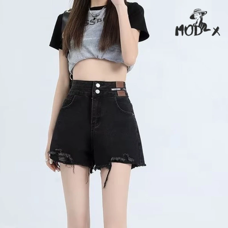 

MODX-Women's Wide-Legged Denim Shorts High-waisted Thin Broken Hole A Word Super Short Hot Trousers New Summer 2024