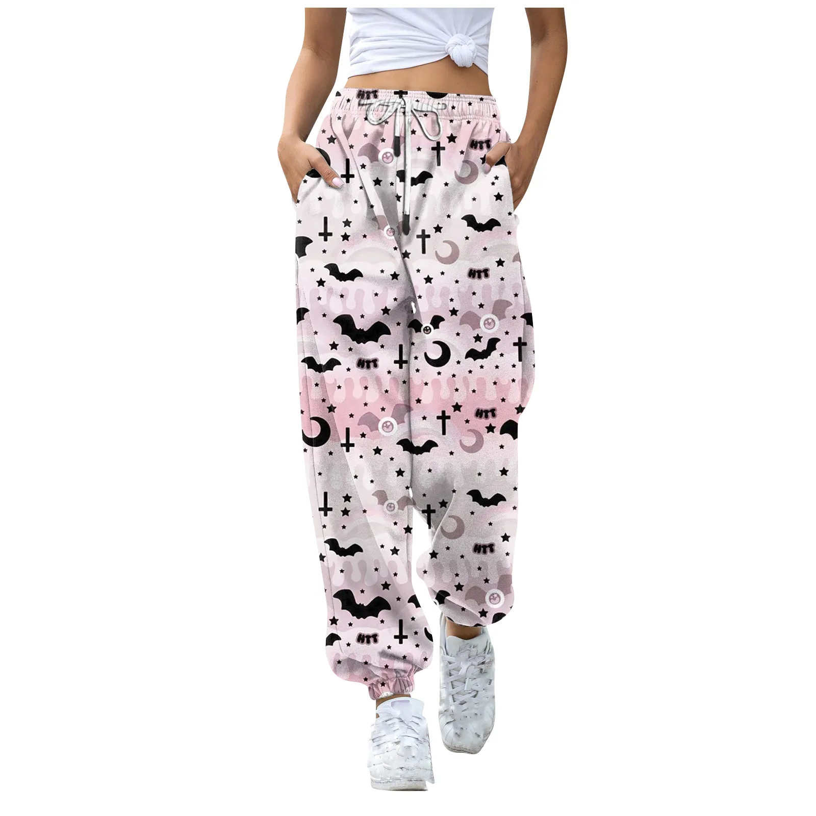 

Halloween Bat Print Sweatpants For Women Casual Drawstring Elasticated Waist Drawstring Pants Female Joggers Streetwear