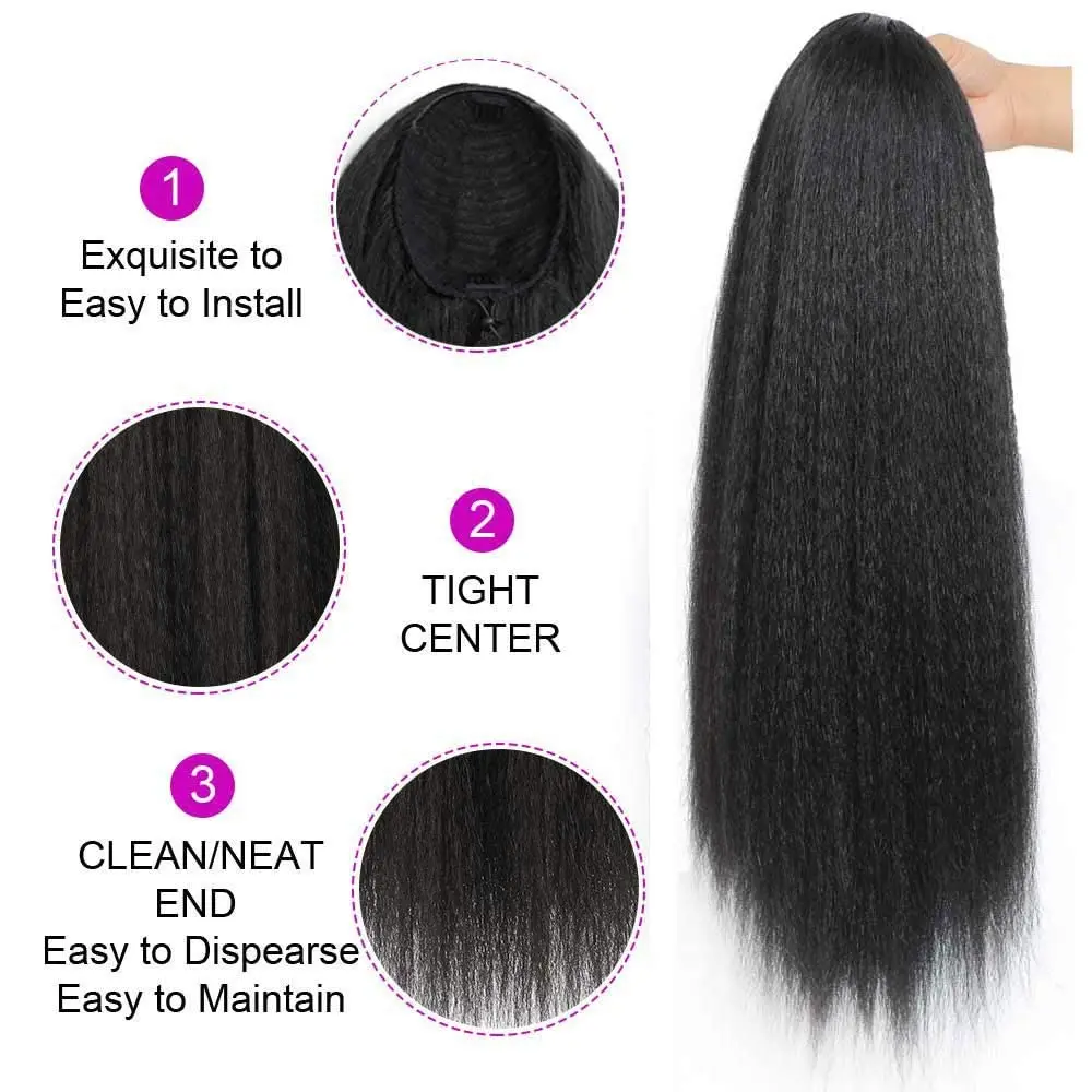 وصلة ذيل حصان برباط من ياكي مع غرة - وصلة ذيل حصان طويلة بمشبك مستقيم من ياكي للنساء قطعة شعر صناعية