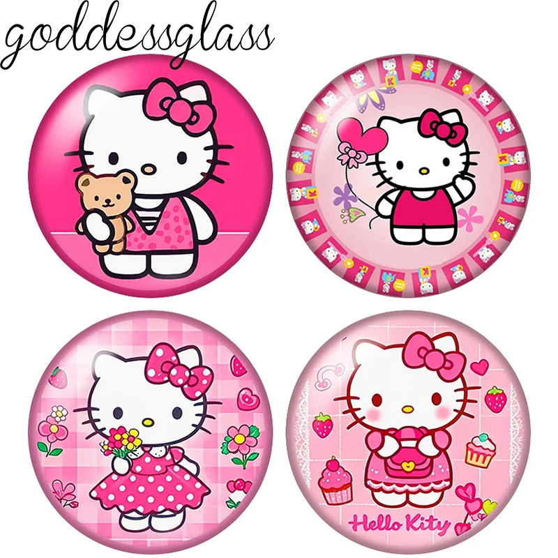 Rosa Katzen-Cartoon im niedlichen Stil, 10 Stück, rund, 12 mm/18 mm/20 mm, Foto-Glascabochon mit flacher Rückseite, zur Herstellung von Schlüsselanhänger-Schmuck.