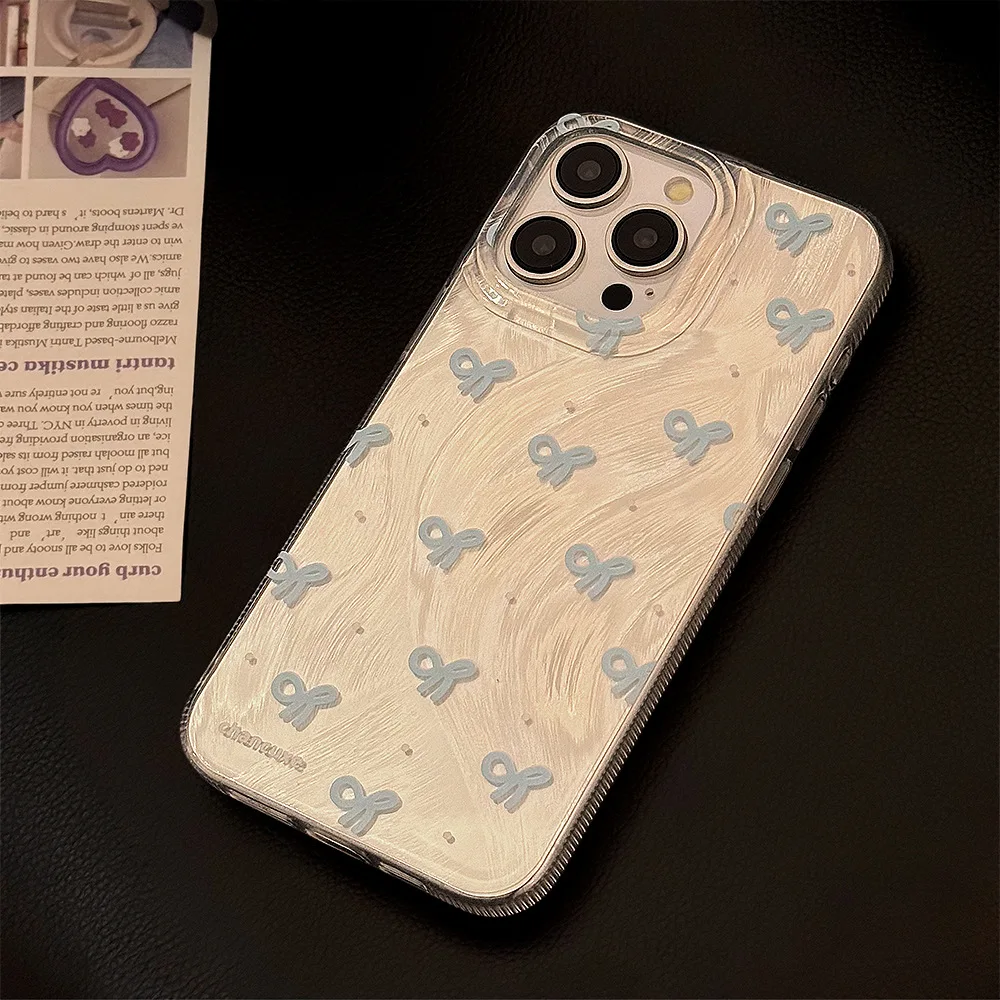Korean Blue Bowknot Phone Case With Laser Bracket For iPhone 17 Air 15 14 13 12 11 16 Pro Max Shockproof Protective Hard Cover - view 5