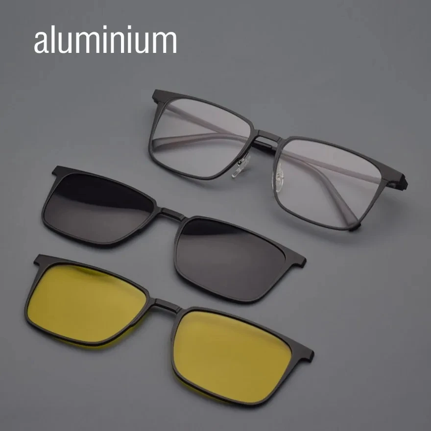 Full Titanium Glasses Frame Aluminium Myopia For Men Sunglasses Prescription With Polarized Clip On Set of Magnet Lens 3-in-1