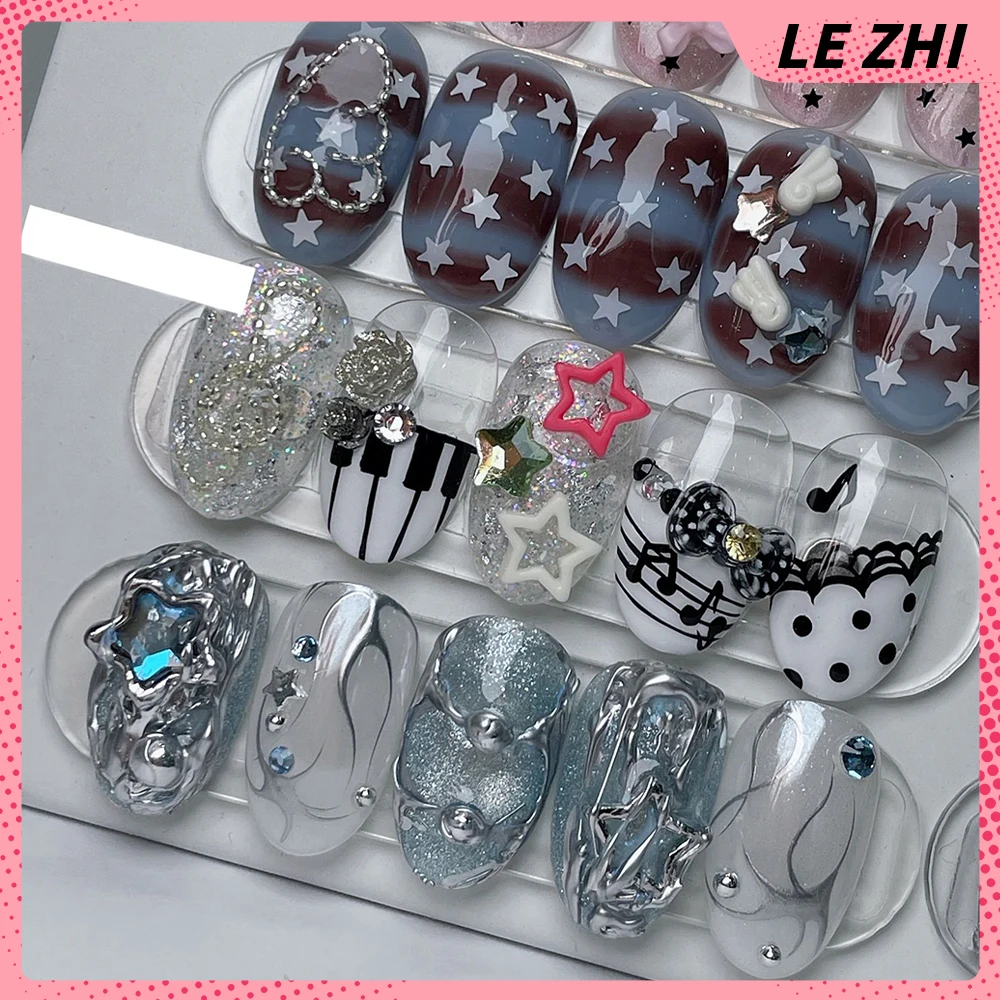 

10Pcs Y2K Kawaii Handmade Ellipse Wearable Press On Nails Five-Pointed Star Bowknot Musical Notes Wings Flower Diamond Fake Nail