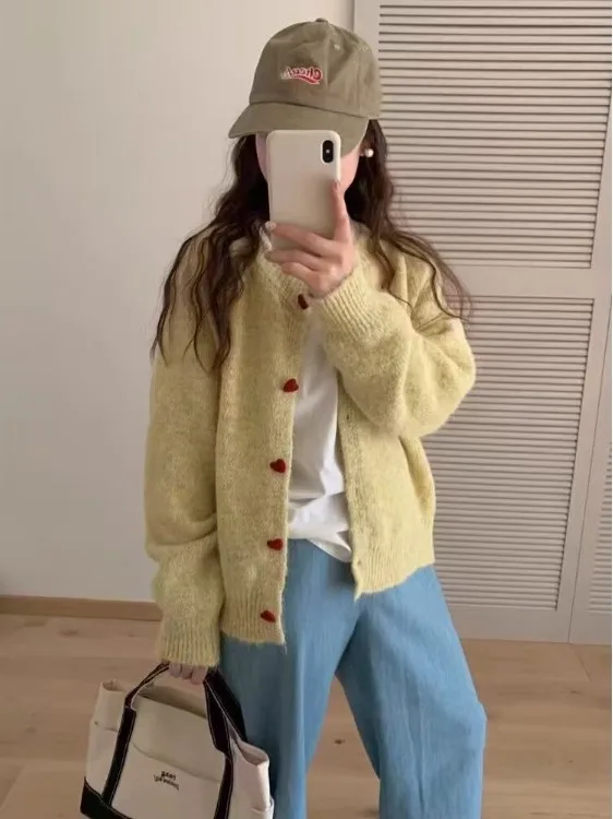 

Premium Knitted Heart Button Sweater Coat Women's Loose Fufu Yellow round Ne Top Spring Autumn Season Single Piece Long Sve