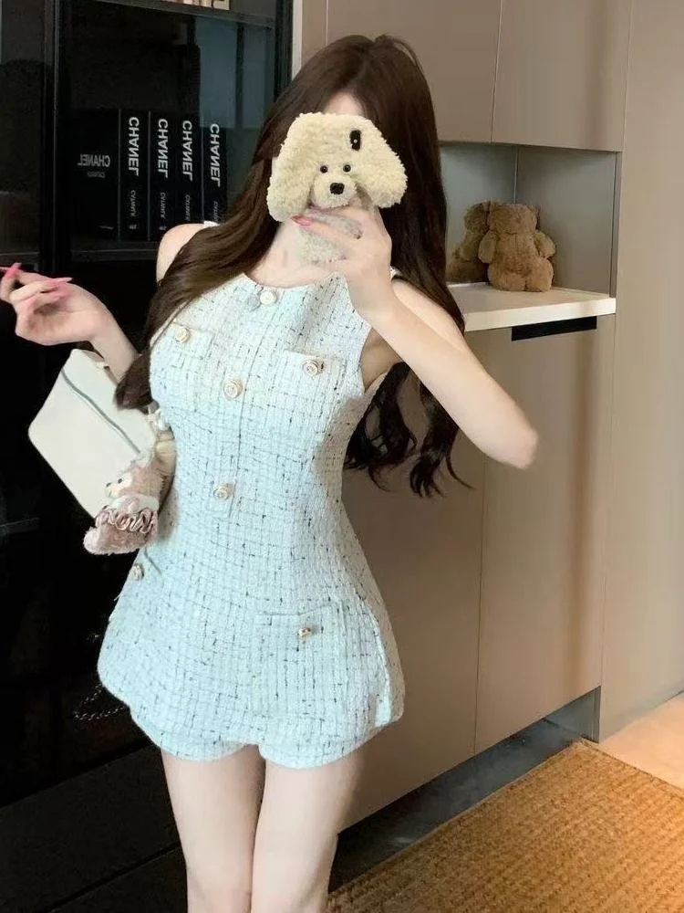 Summer Elegant Sleeveless Short Pants Set Women's Tea Break Fashion Casual High Waist Breathable Checkered Two-Piece Suit