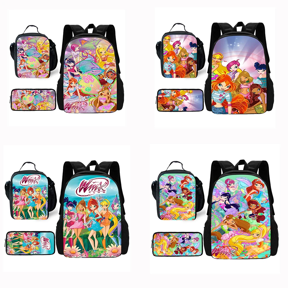 Child School Anime Girl W-Winx Clubs Backpack with Lunch Bags ,Pencil Bags ,School Bags for Boys Girls Best Gift