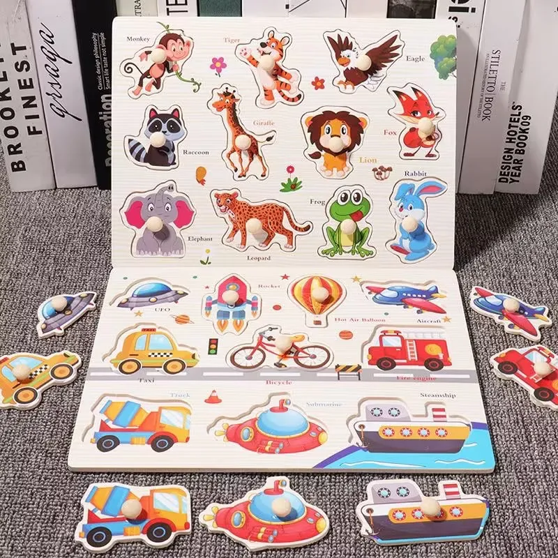 Wooden Puzzles Hand Grab Boards Toys  Jigsaw Baby Educational Toys Cartoon Vehicle 3D Puzzles