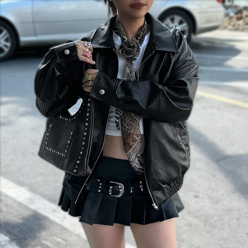

Осень-зима Y2k, женские куртки из искусственной кожи, осень 202, куртка-бомбер с длинными рукавами, мотоциклетные пальто на молнии с лацканами, женская одежда