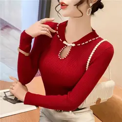 Temperament Beaded Slim and Slim and Fashionable T-shirt Long-sleeved Bottom Shirt for Women with High-end Tops