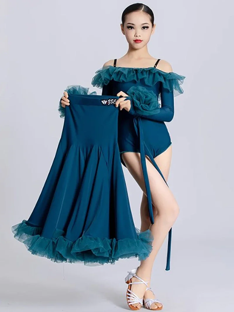 

Kids Girls Modern Dancewear Waltz Social Dance Spaghetti Strap Jumpsuit Ruffles Skirts Ballroom Costumes Figure Skating Dresses