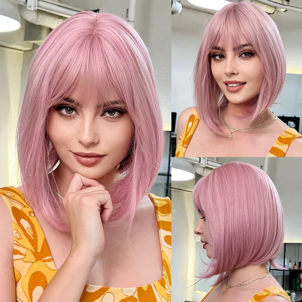 วิกผมบ๊อบสั้นตรงแบบสังเคราะห์คุณภาพสูง ขนาด 10 นิ้ว พร้อมหน้าม้า ทนความร้อนได้ดี เหมาะสำหรับผู้หญิง ใช้ได้ทุกวันและงานปาร์ตี้