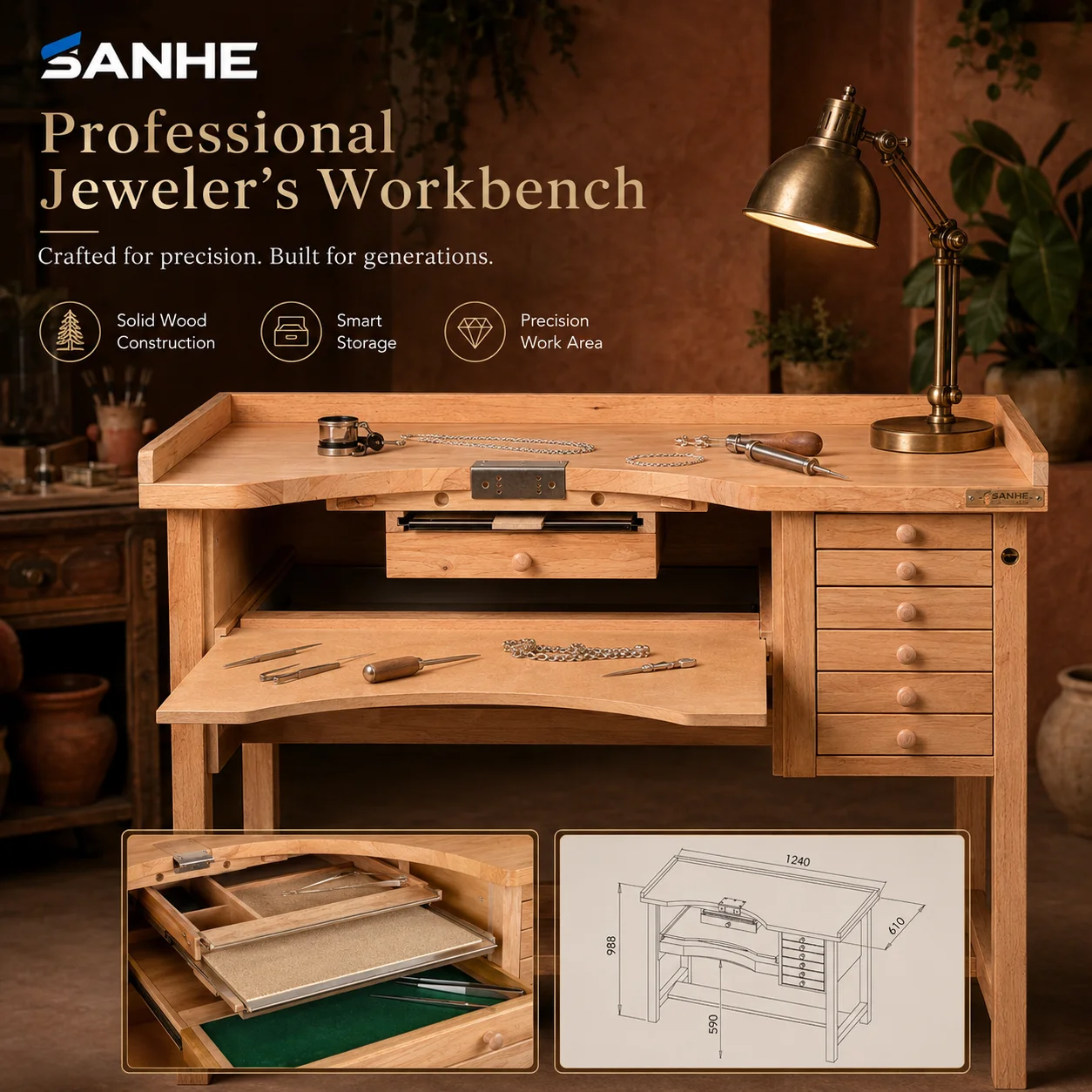 Solid Wood Workbench with Drawers  for Woodworking Jewelry Arts & Crafts Tools-New Customization Sizes Rubber Wood