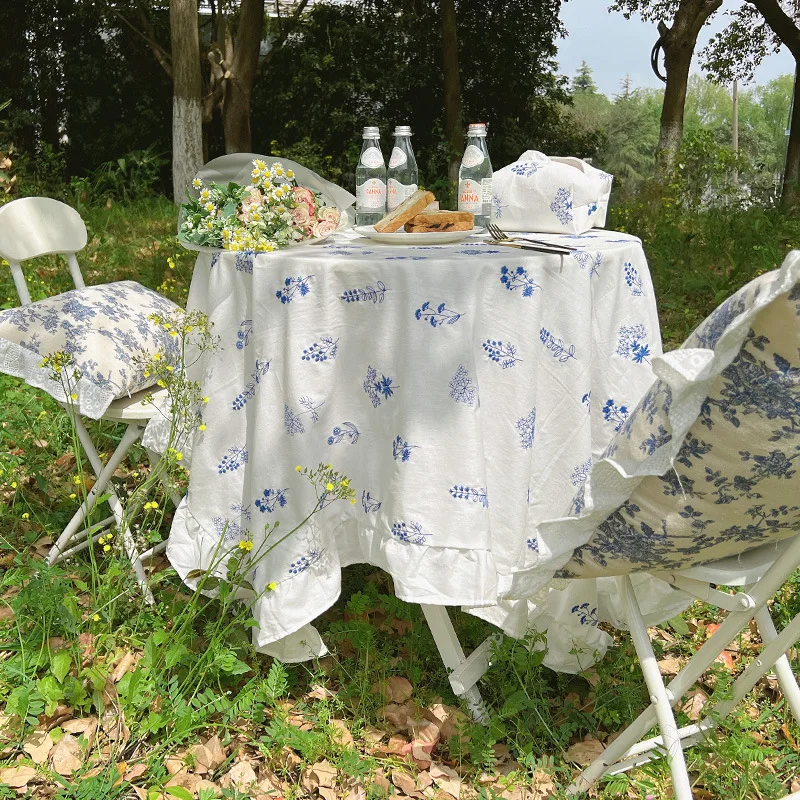 

White Tablecloth with blue Embroidery Pure Cotton Dining Table Coffee Table Cover French Country Style Lotus Leaf Edge Fabric