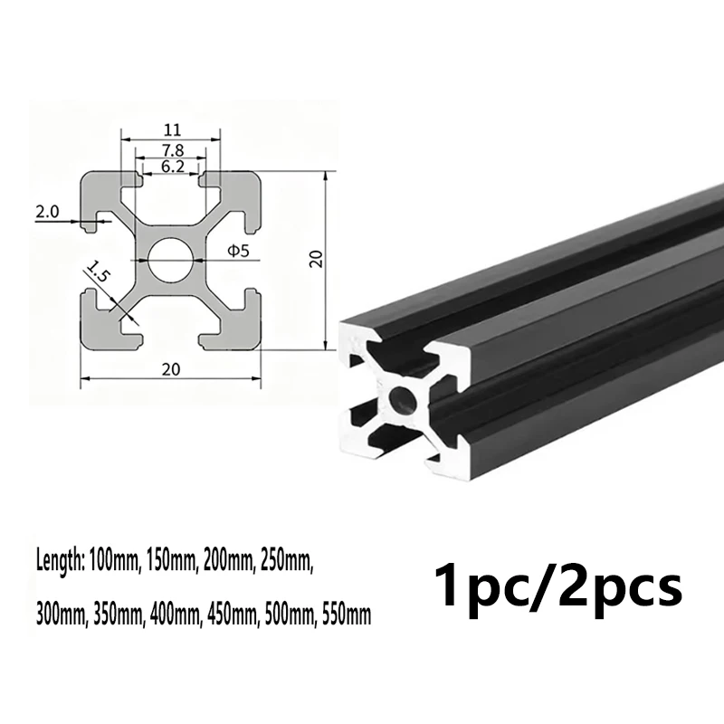 1PC 2PCS 100-550mm 2020 V-slot T-slot Aluminum Extrusions Profiles Anodized European Standard Linear Rail Frame 3D Printer