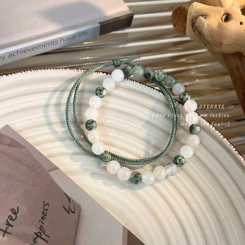 Green Bead Woven Wrap Bracelet Retro Stackable Handmade Elastic Wristband for Women Girls Casual Day Friendship Jewelry Gift