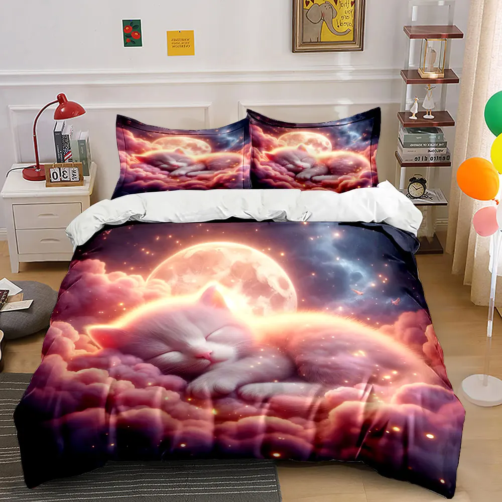 

Dreamy kitten asleep on clouds Pattern Duvet Cover Set Digital Print Colorful Polyester Bedding with Zipper Closur for kids gift