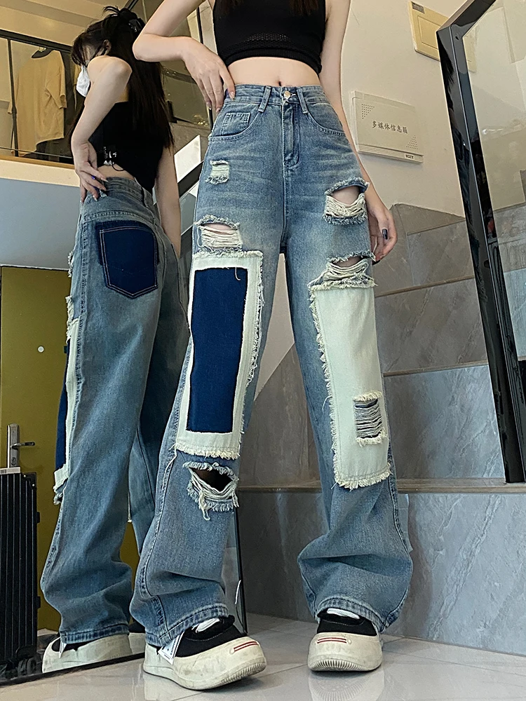 Vintage Women Patchwork Denim Pants Holes Ripped Streetwear Pocket High Waist Fashion 2023 Summer New Wide Leg Straight Jeans