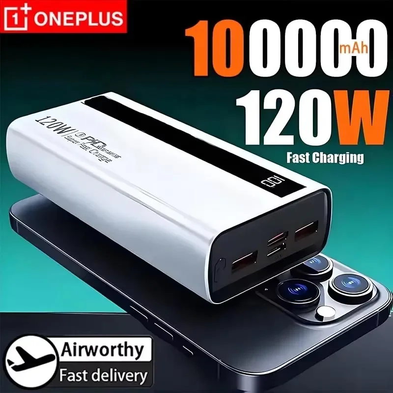 Oneplus 10,0000mAh Large Capacity Power Bank Digital Display Mobile Power Bank 120W Fast Charging  LED Display Portable Charger