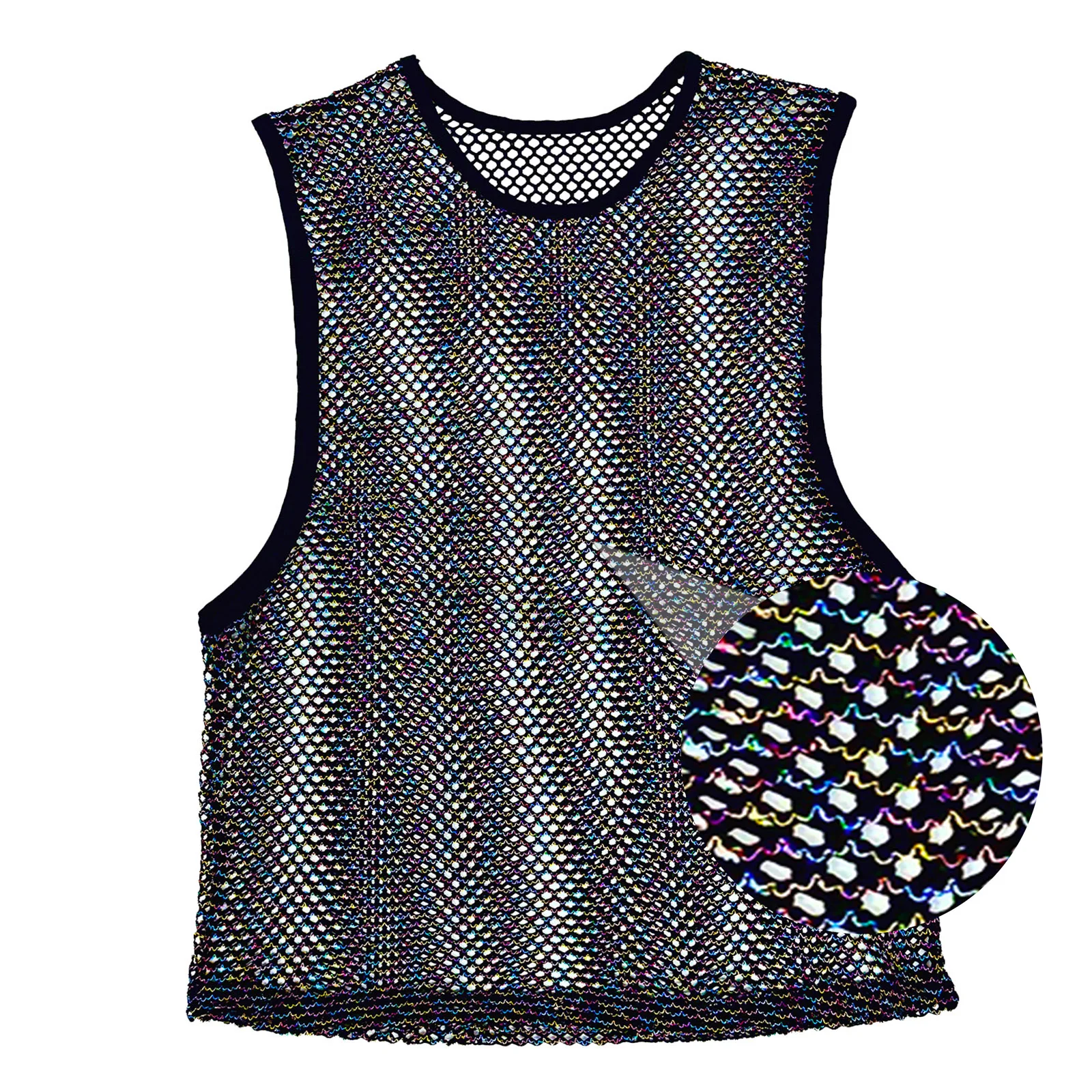 Summer Men Round Neck Athletic Tank Tops Hollow Fishnet Mesh Sleeveless Running Gym Training Sports Vest Shiny See Through