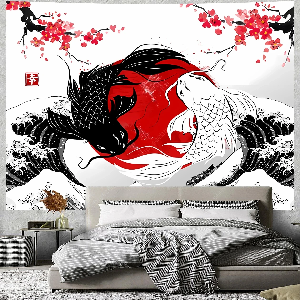 

JIT Japanese Koi Fish Cherry Blossom Tapestry Oriental Art Printed for Bedroom Living Room Decorative Cultural Durable for Decor