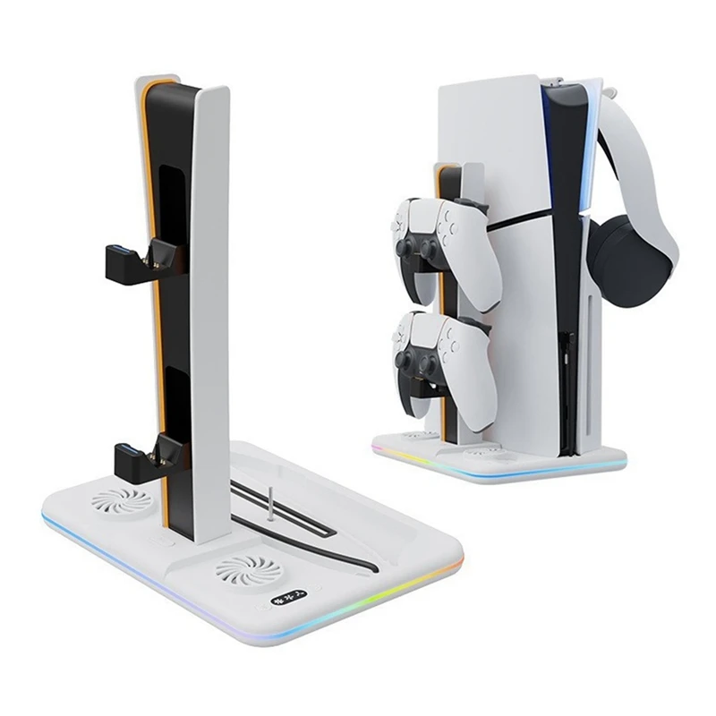 قاعدة تبريد لقاعدة تبريد المضيف النحيفة PS5 مع أضواء ملونة RGB مقبض شاحن عمودي شماعة تخزين سماعة الرأس