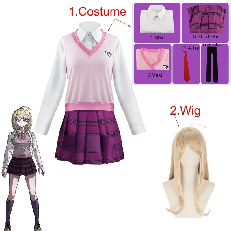 

Danganronpa Akamatsu Kaede Cosplay Costume High School Students Campus Uniform Halloween Carnival Funny Costume Wigs