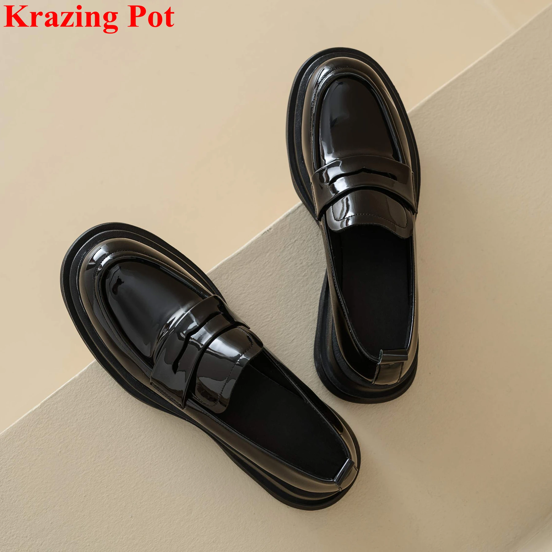 

Модные туфли Krazing Pot из лакированной кожи с круглым носком на высоком каблуке, весенне-осенние туфли без шнуровки, повседневные лоферы на платформе, женские оксфорды