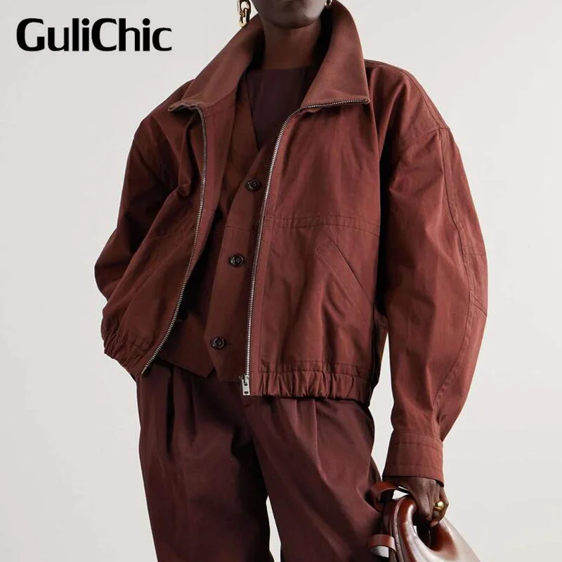 7.25 GuliChic Two-piece Jacket Vintage Ribbed Collar Spliced Fake Two Pieces Design Casual Fashion 2024 Fall New Outwear Women