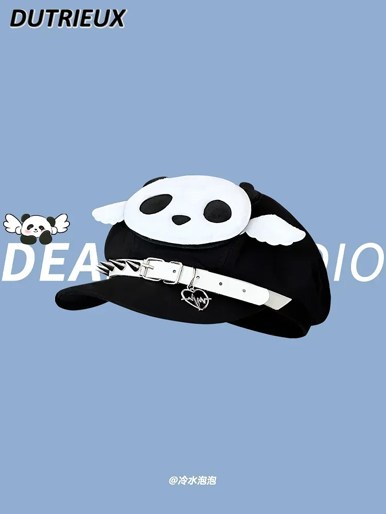 Y2k Niche Subculture Beret Children Personality Blue Wings Octagonal Cap Rivet Panda Newsboy Hat Summer Autumn New Japanese Hats image 3