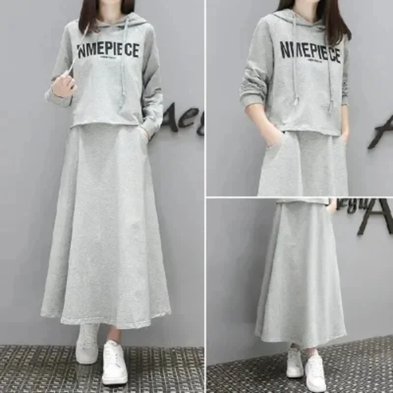 

Модный комплект: удлиненное худи и юбка в корейском стиле, двухсоставный костюм для повседневной носки, осень-зима, большие размеры, полиэстер