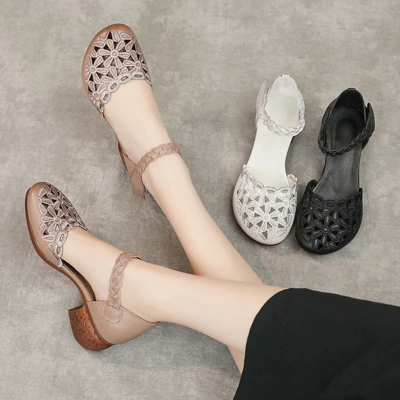 Low Sandals Woman Leather Shoes Lady 2024 High Heels Suit Female Beige Low-heeled New High-heeled Outside Summer Comfort Closed