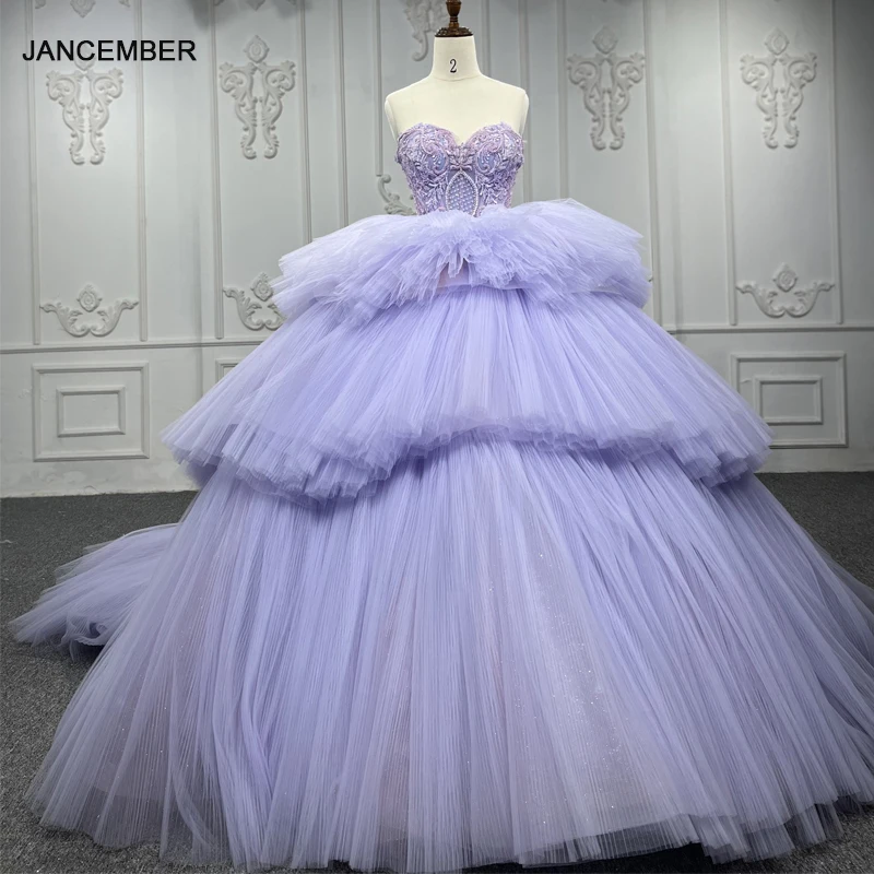 

Jancember 9906 Beautiful Purple Lace Prom Evening Gown Ball Gown Style with Ruffles and Pearls Decoration Chiffon Fabric