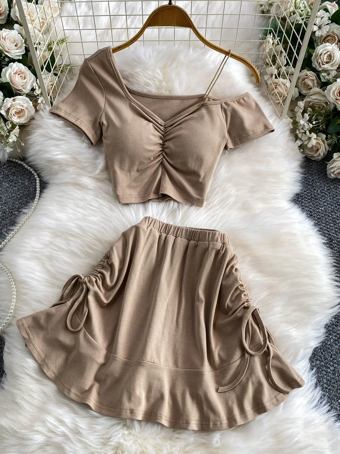Sexy Spicy Girl Style Single Shoulder Strap Top with Chest Pad High Waist Short Skirt Set Drawstring Slimming Blouse Set