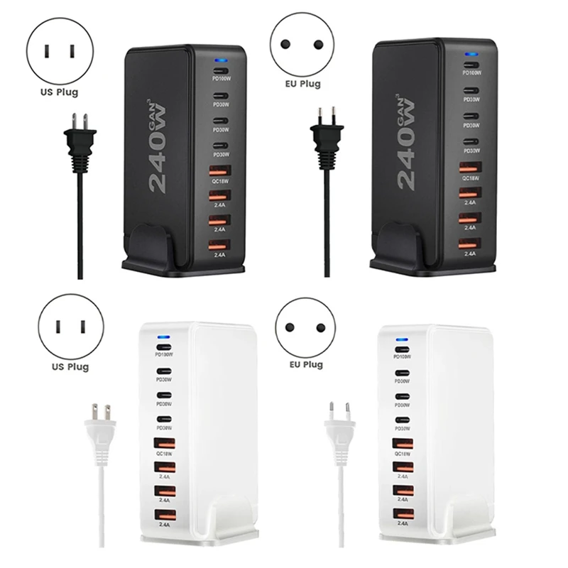 

240 Вт USB-C 8-портовое зарядное устройство PD Gan PD3.0 QC3.0 Быстрая зарядка для Pro/Air Ipad Iphone 15 14 13 Pro Max Белый (США) Прочный