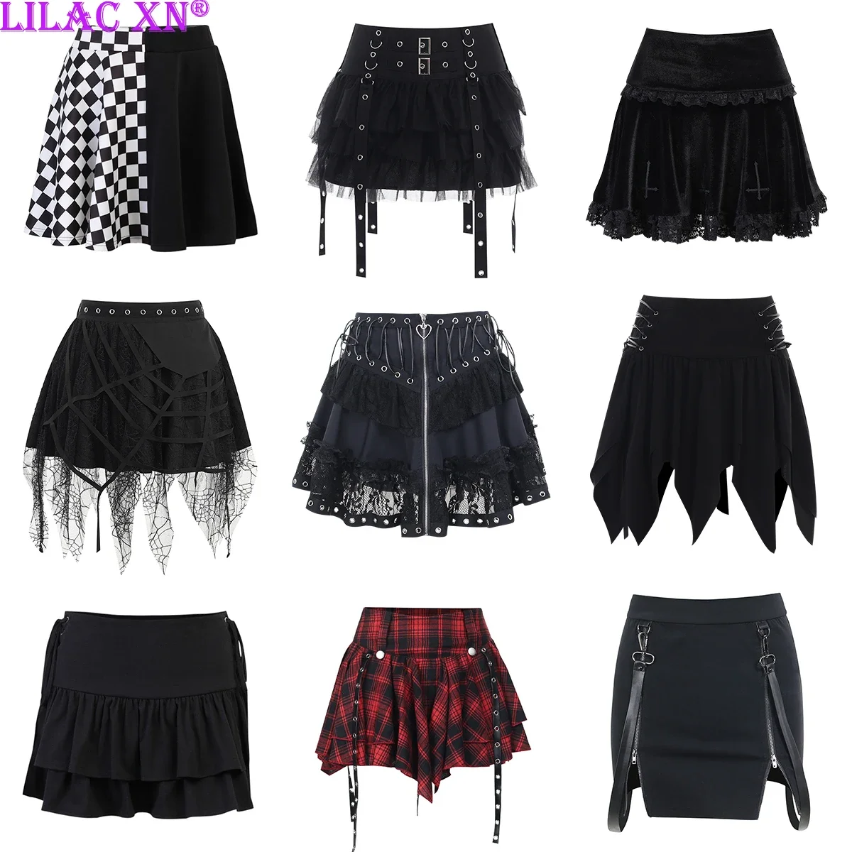 

Goth Black Lace A-Line Mini Skirts for Women Y2K Vintage Bandage Lolita Summer Skirt Gothic Faldas Clothes 90s Streetwear