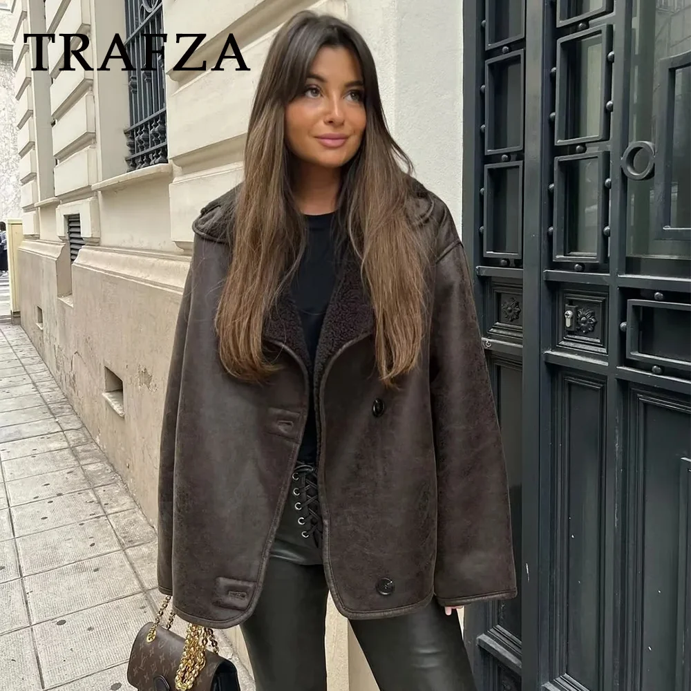 TRAFZA 2023 Autum Winter Vintage Woman Leather Coats Loose Fur Women Jacket Single Breasted Pocket Thick Casual Jackets Parkas