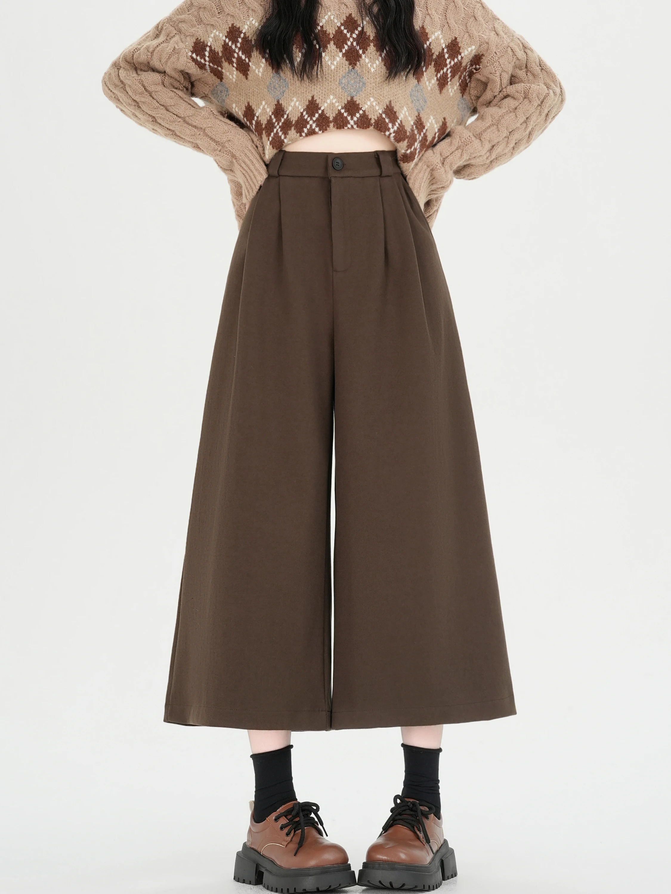 Pantaloni da abito a gamba larga a vita alta da donna autunno inverno nuovi pantaloni di lana color caffè casual larghi drappeggiati