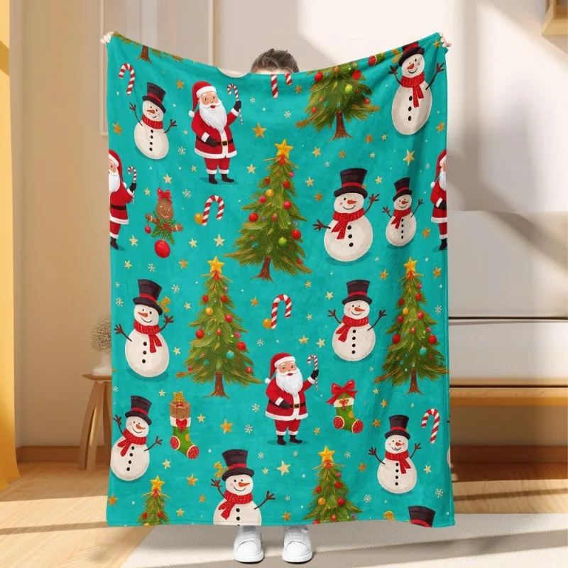 1 ultraweiche Weihnachtsflanelldecke – mit Weihnachtsmann, Schneemann, blauen und goldenen Weihnachtsfarben